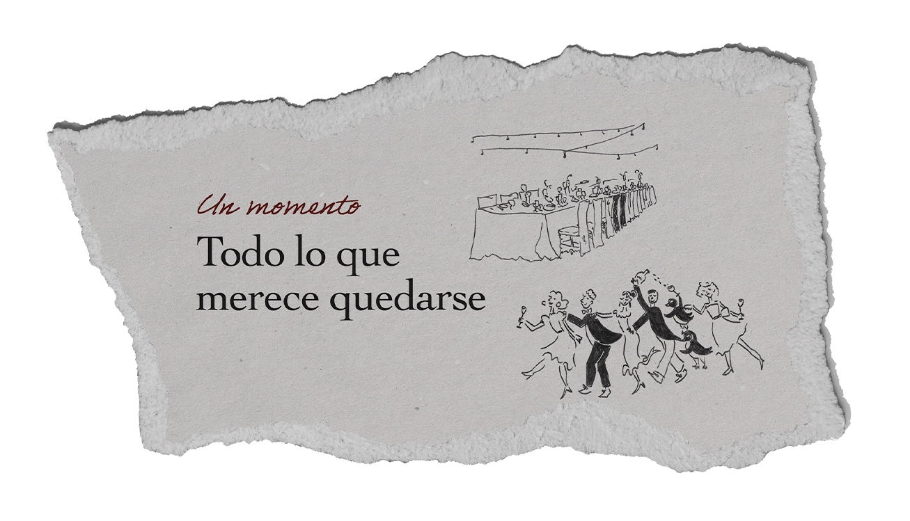 Ilustración de una mesa de celebración y personas bailando bajo guirnaldas de luces sobre papel rasgado.