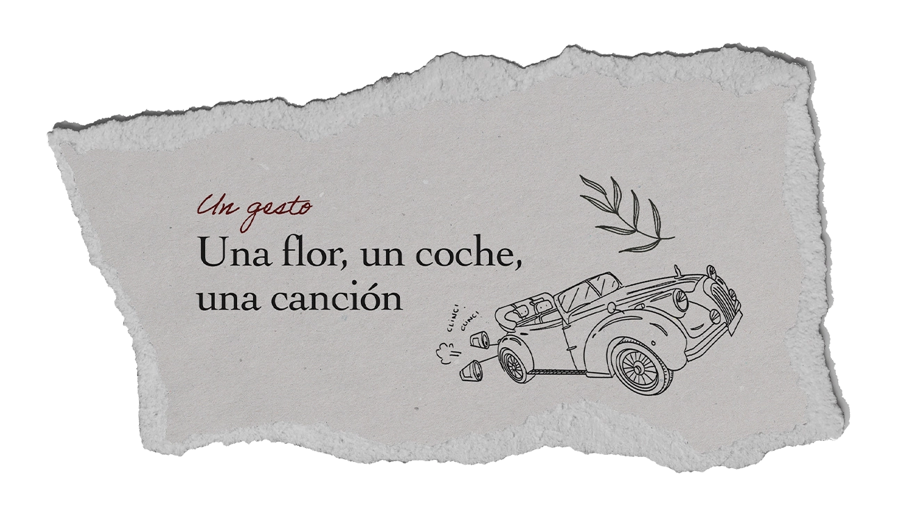 Ilustración de un coche clásico y una rama dibujados a línea fina sobre papel rasgado.