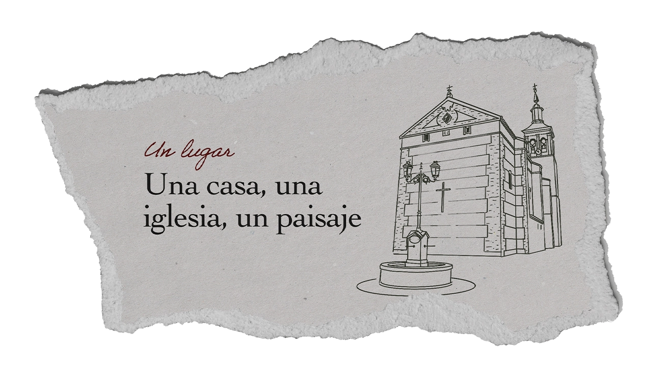 Ilustración de una iglesia y una fuente dibujadas a línea fina sobre papel rasgado.
