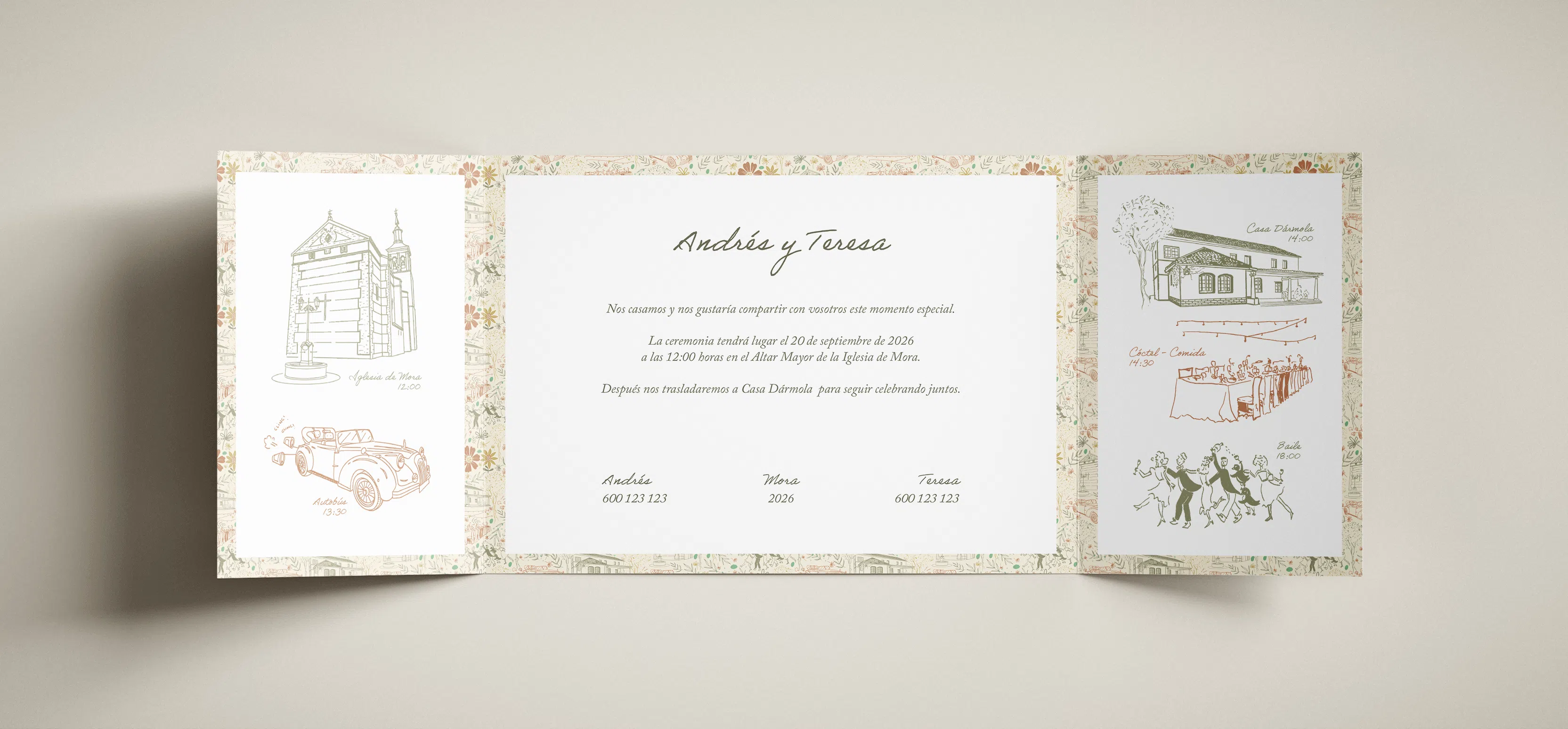 Invitación de boda desplegada con ilustraciones lineales de una iglesia, un coche clásico, una casa y una mesa de celebración.